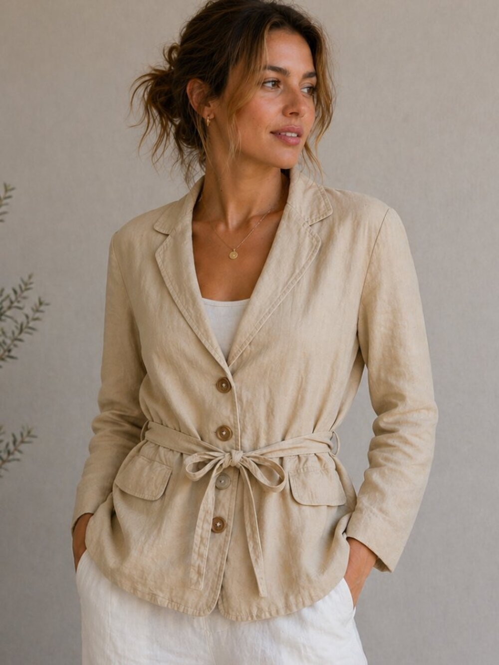 George Stretch Linen Blend Blazer Jacket Beige Size 12 Women Lightweight Casual